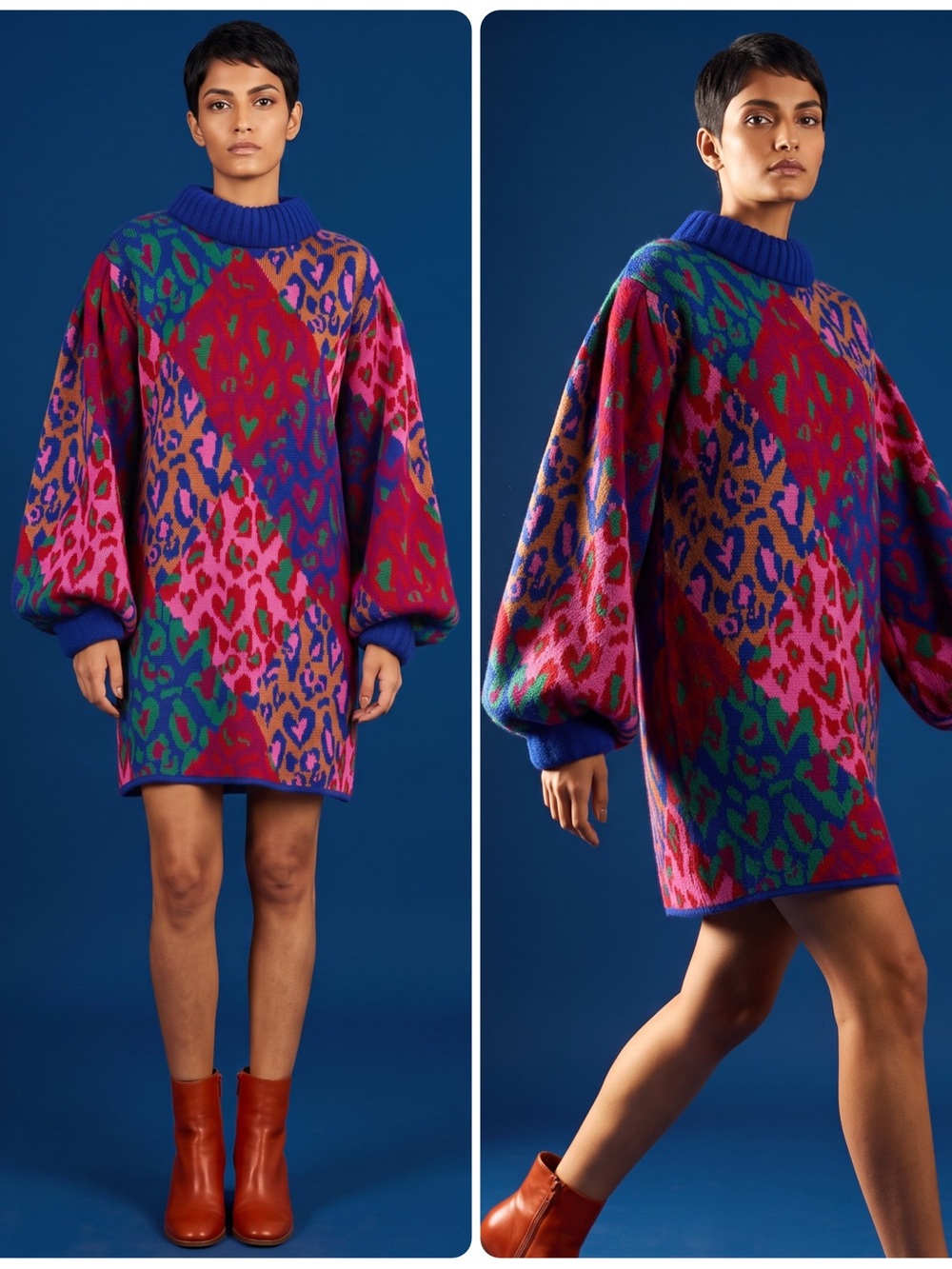 FARM Rio Mixed Leopard Pop Long Balloon Sleeve Sweater Mini Dress NWT $200
